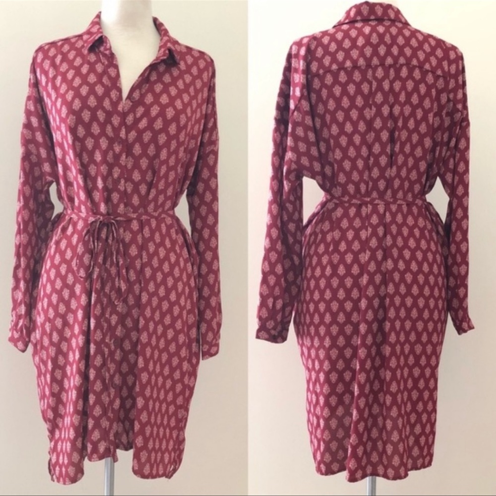 Free People Oversized Button Burgundy Red Long Sleeve Belted Shirt Dress